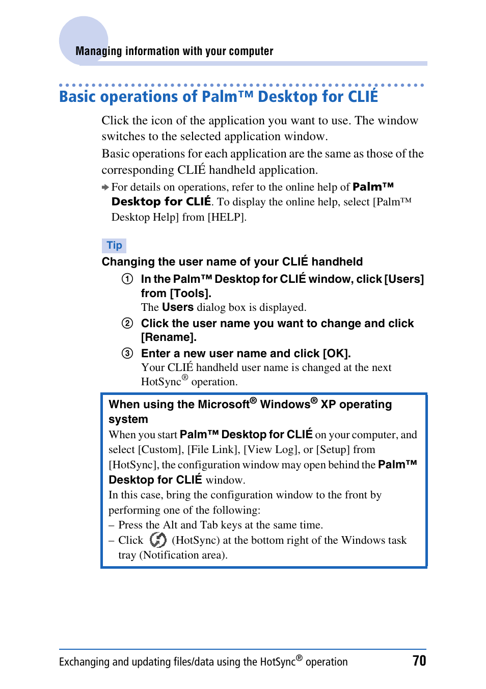 Basic operations of palm™ desktop for clié | Sony PEG-TH55 User Manual | Page 70 / 231