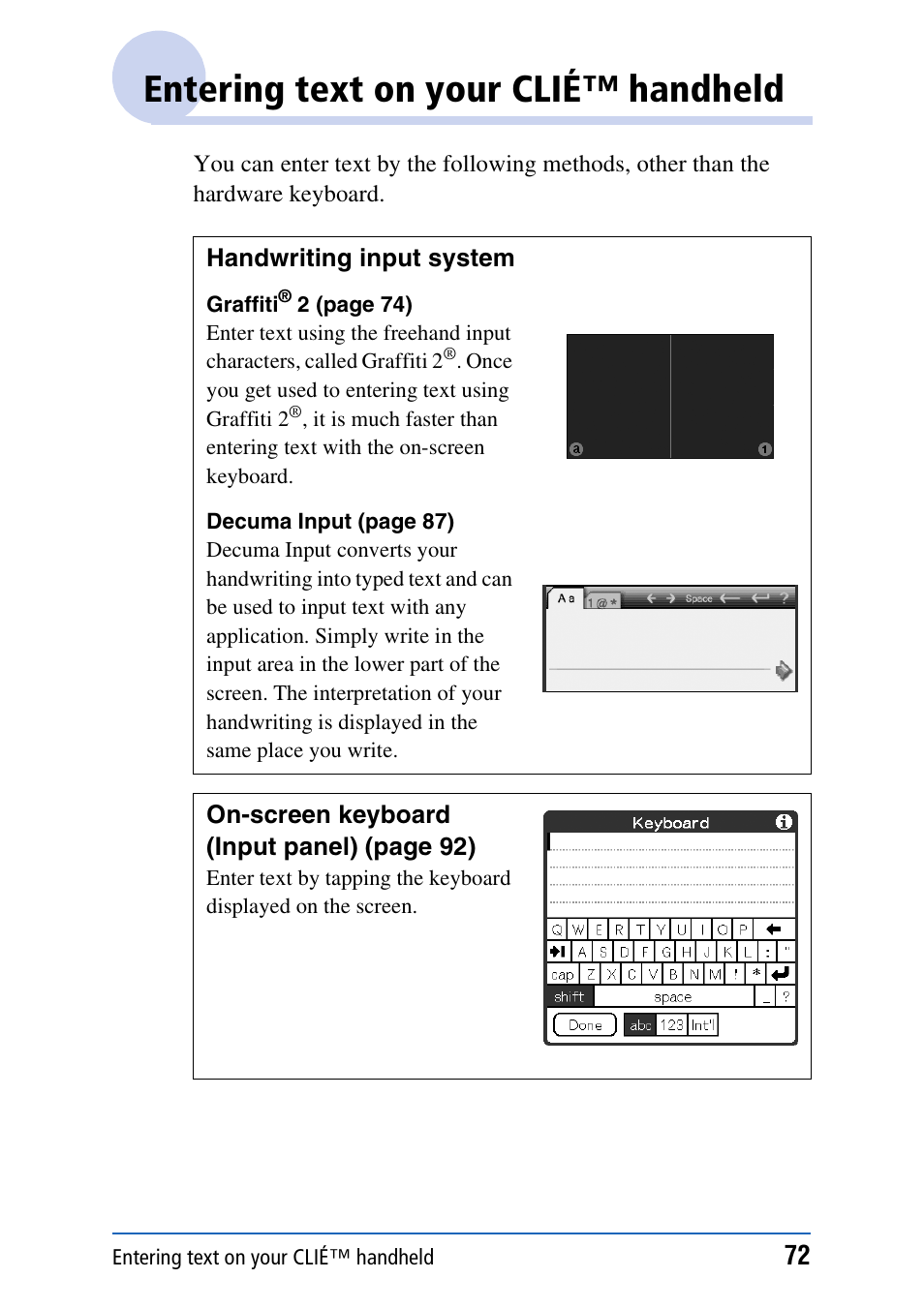 Entering text on your clié™ handheld | Sony PEG-TH55 User Manual | Page 72 / 231