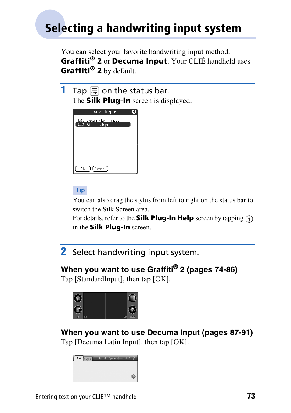 Selecting a handwriting input system | Sony PEG-TH55 User Manual | Page 73 / 231