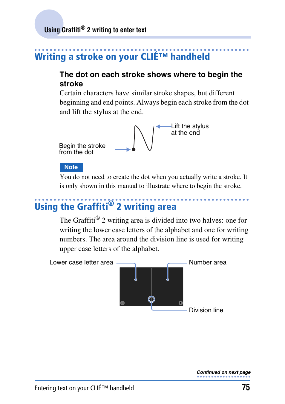 Writing a stroke on your clié™ handheld, Using the graffiti® 2 writing area, 2 writing area | Using the graffiti | Sony PEG-TH55 User Manual | Page 75 / 231