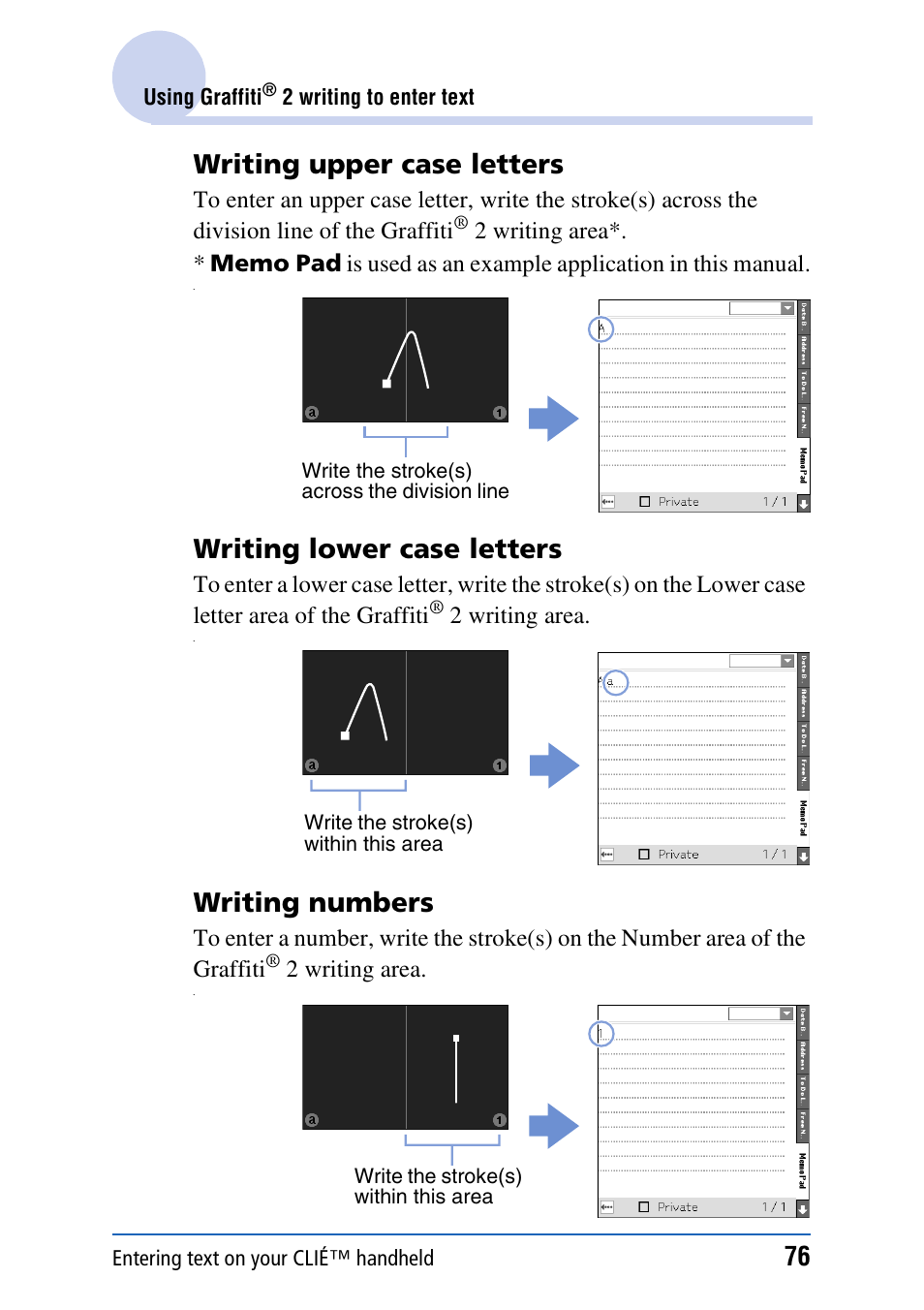 Writing upper case letters, Writing lower case letters, Writing numbers | Sony PEG-TH55 User Manual | Page 76 / 231