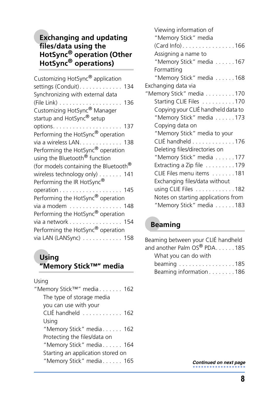 Operation (other hotsync, Operations), Beaming | Sony PEG-TH55 User Manual | Page 8 / 231