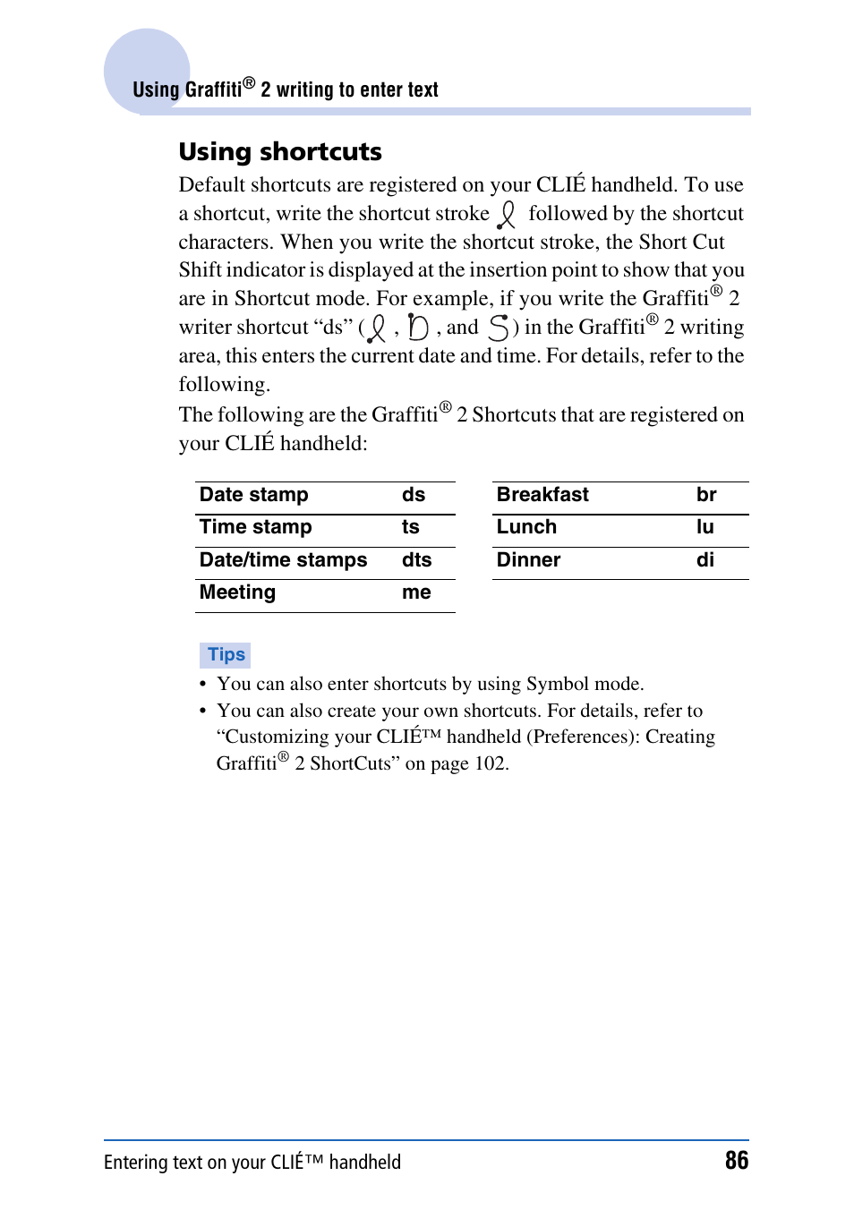 Using shortcuts | Sony PEG-TH55 User Manual | Page 86 / 231