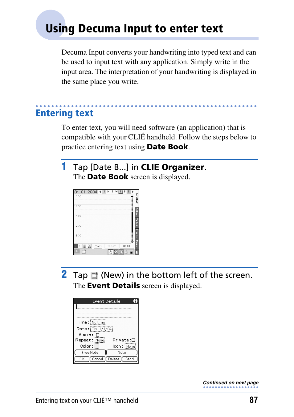 Using decuma input to enter text, Entering text | Sony PEG-TH55 User Manual | Page 87 / 231