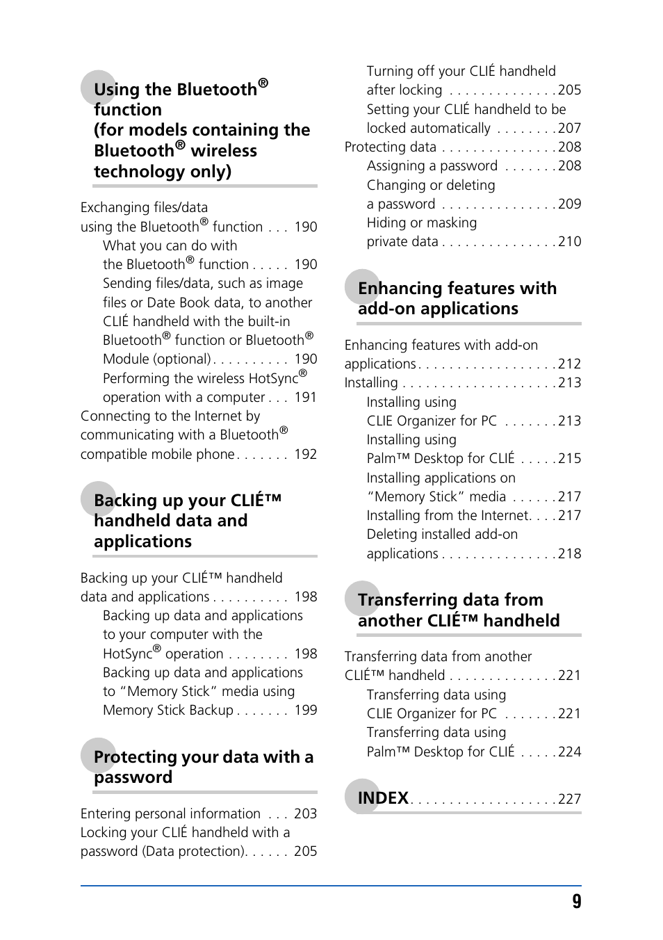 Using the bluetooth, Function (for models containing the bluetooth, Wireless technology only) | Protecting your data with a password, Enhancing features with add-on applications, Transferring data from another clié™ handheld, Index | Sony PEG-TH55 User Manual | Page 9 / 231