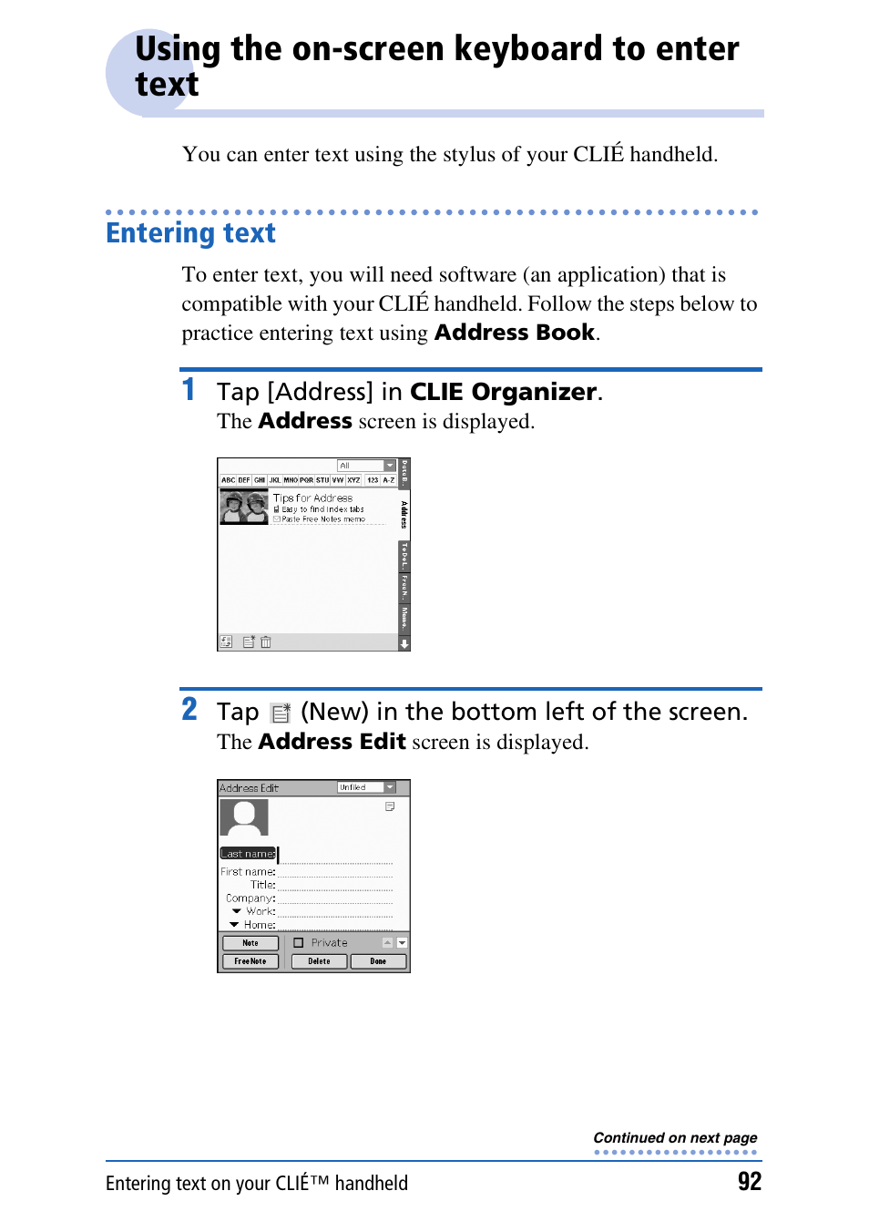 Using the on-screen keyboard to enter text, Entering text | Sony PEG-TH55 User Manual | Page 92 / 231