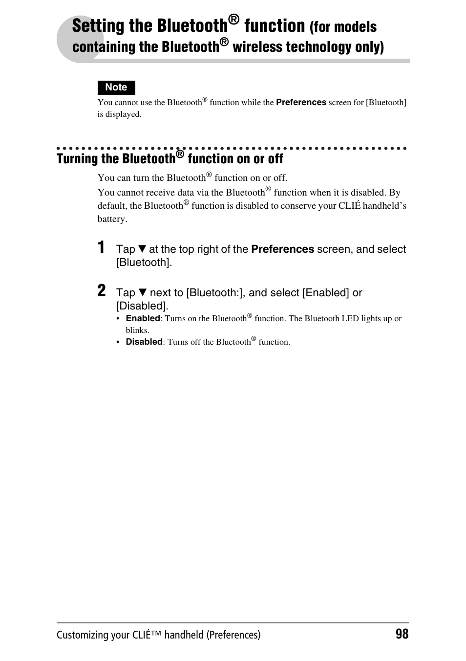 Turning the bluetooth® function on or off, Setting the bluetooth, Function | For models containing the bluetooth, Wireless technology only), Turning the bluetooth, On or off, Function on or off | Sony PEG-TH55 User Manual | Page 98 / 231