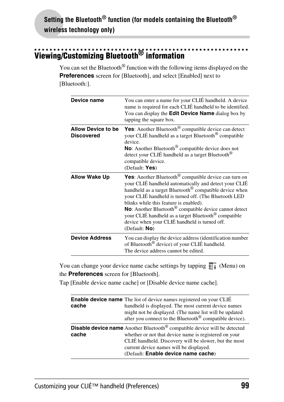 Viewing/customizing bluetooth® information, Viewing/customizing bluetooth, Information | Customizing your clié™ handheld (preferences), Setting the bluetooth, Function (for models containing the bluetooth, Wireless technology only) | Sony PEG-TH55 User Manual | Page 99 / 231