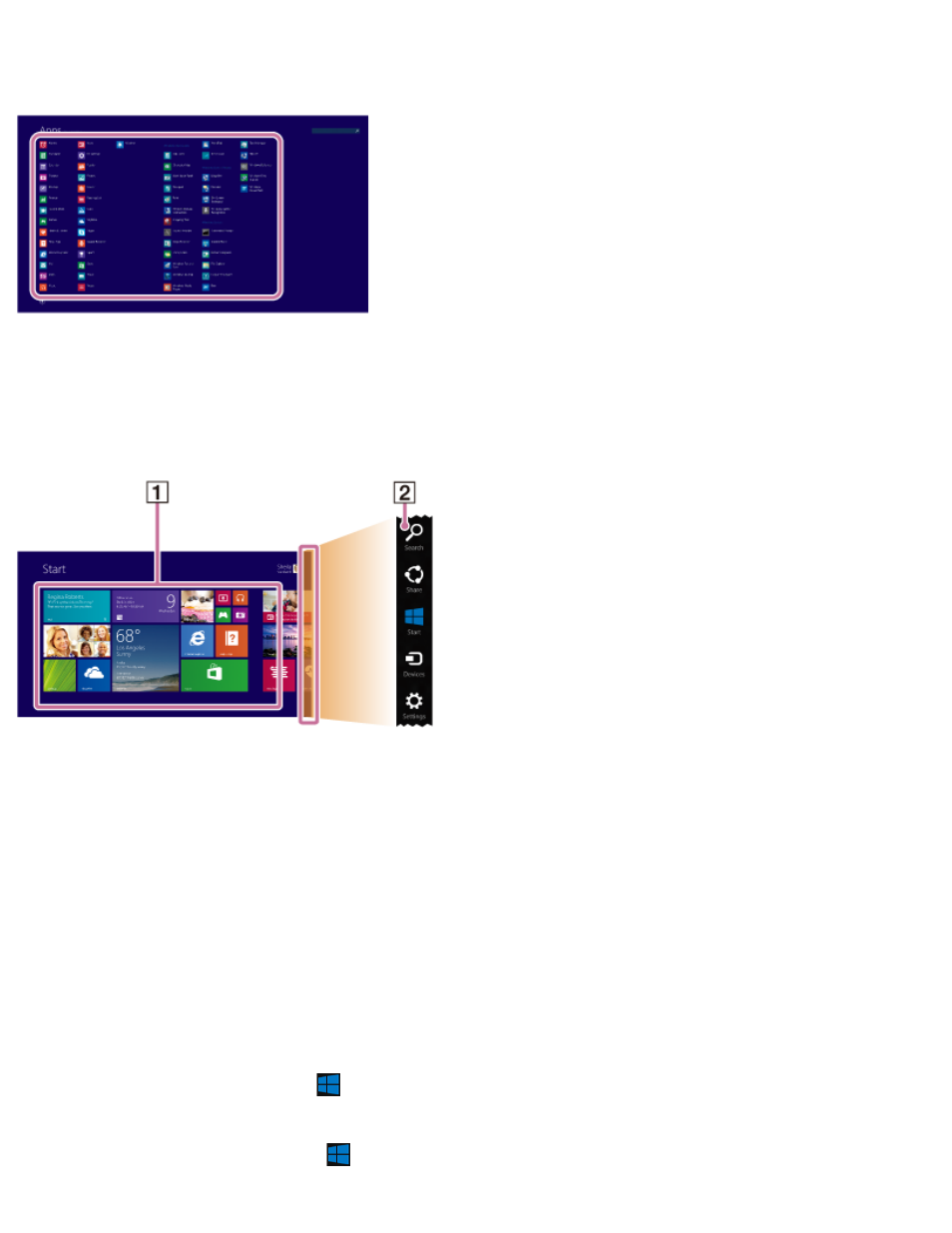 About the start screen and menu, Overview to open the start screen | Sony SVD1322BPXR User Manual | Page 42 / 273