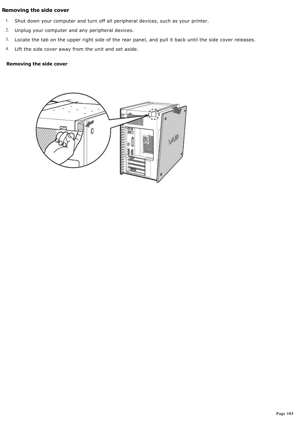 Removing the side cover | Sony PCV-RX570 User Manual | Page 103 / 115