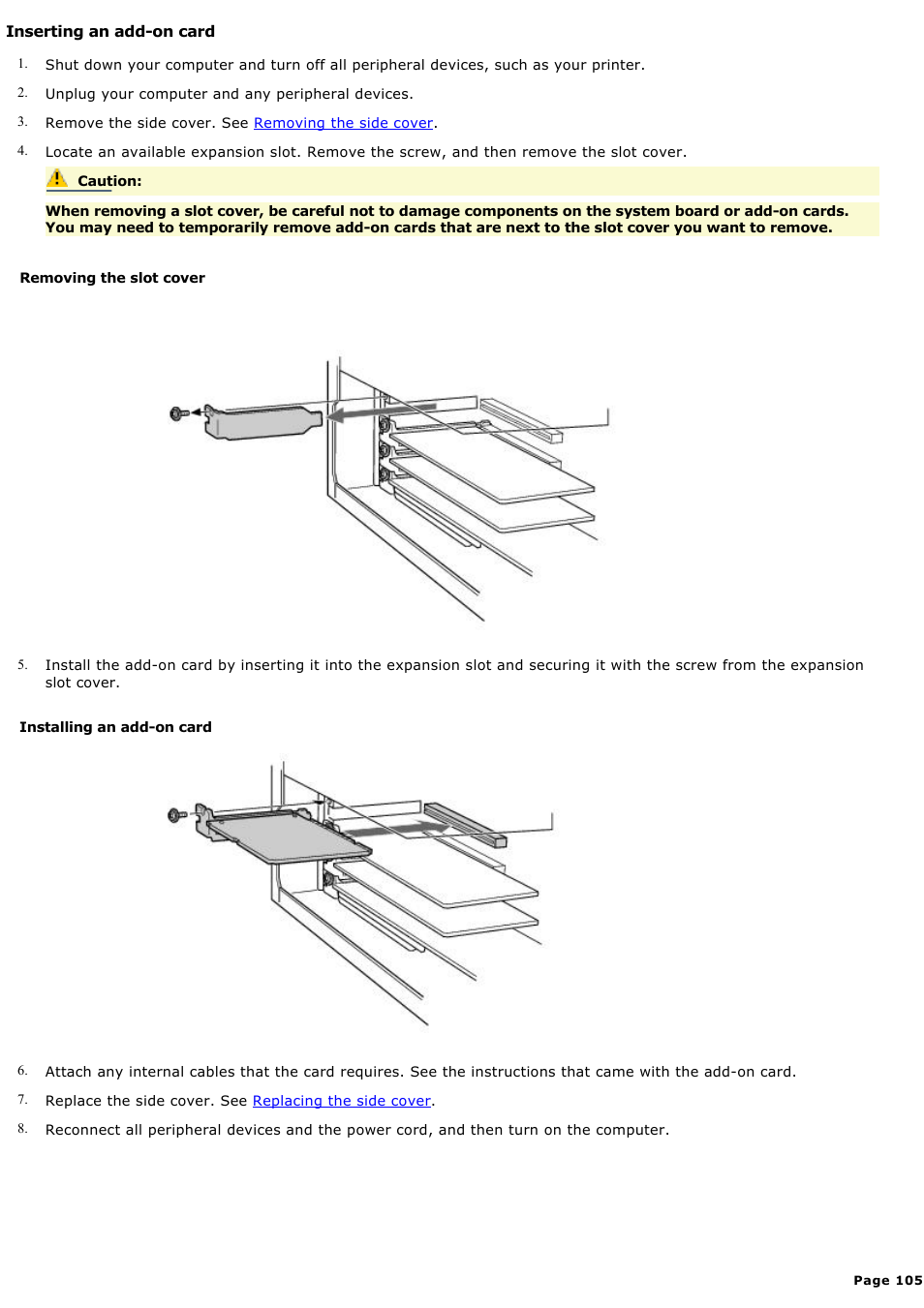 Inserting an add-on card | Sony PCV-RX570 User Manual | Page 105 / 115