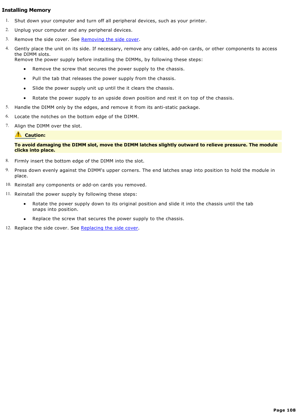 Installing memory | Sony PCV-RX570 User Manual | Page 108 / 115