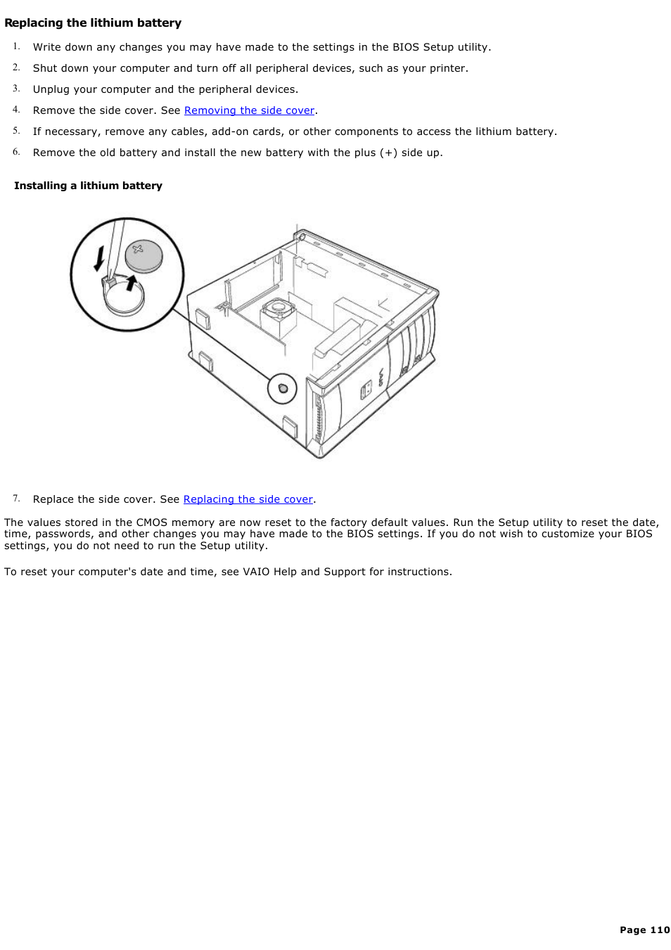 Replacing the lithium battery | Sony PCV-RX570 User Manual | Page 110 / 115