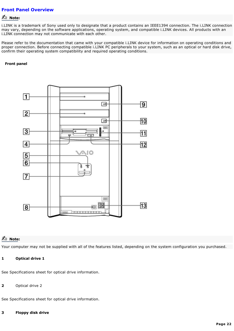 Front panel overview | Sony PCV-RX570 User Manual | Page 22 / 115