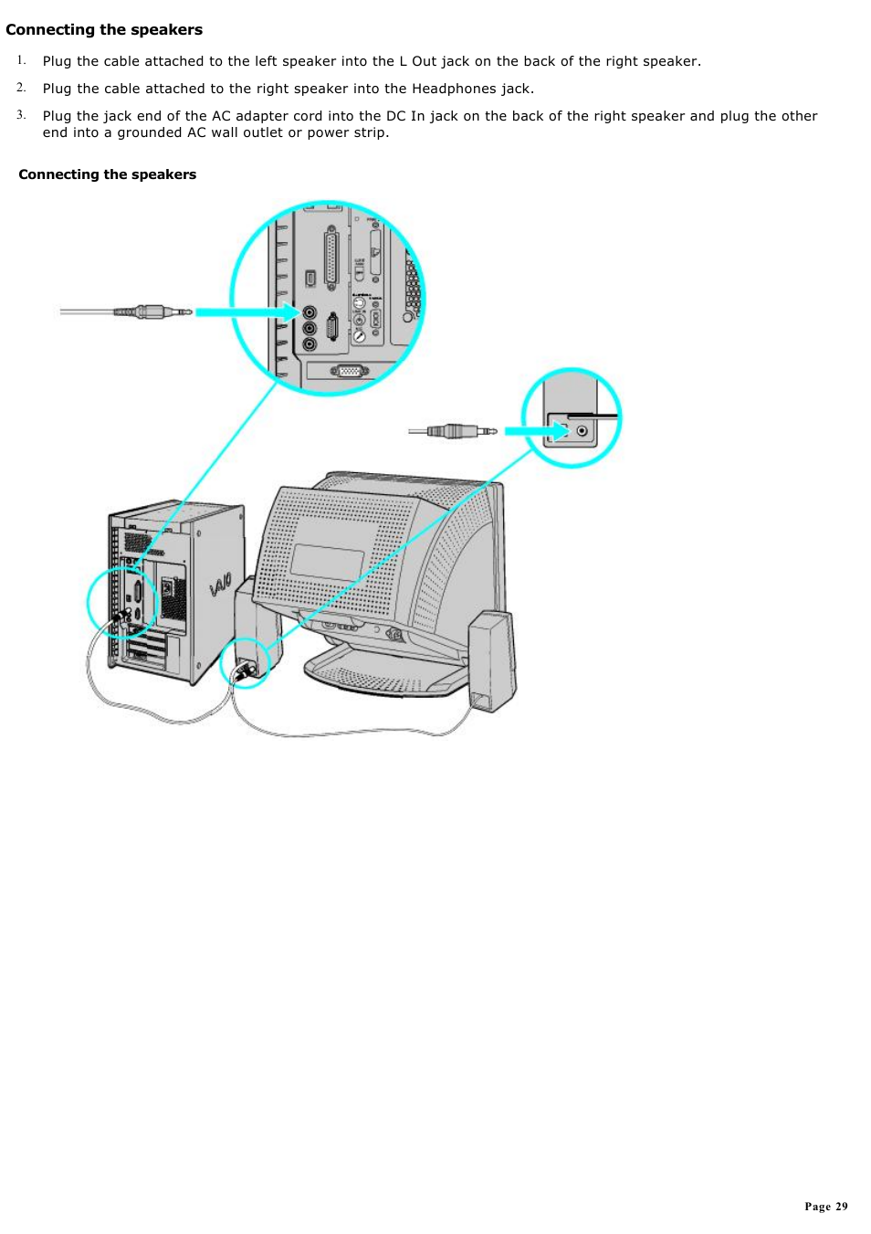 Connecting the speakers | Sony PCV-RX570 User Manual | Page 29 / 115