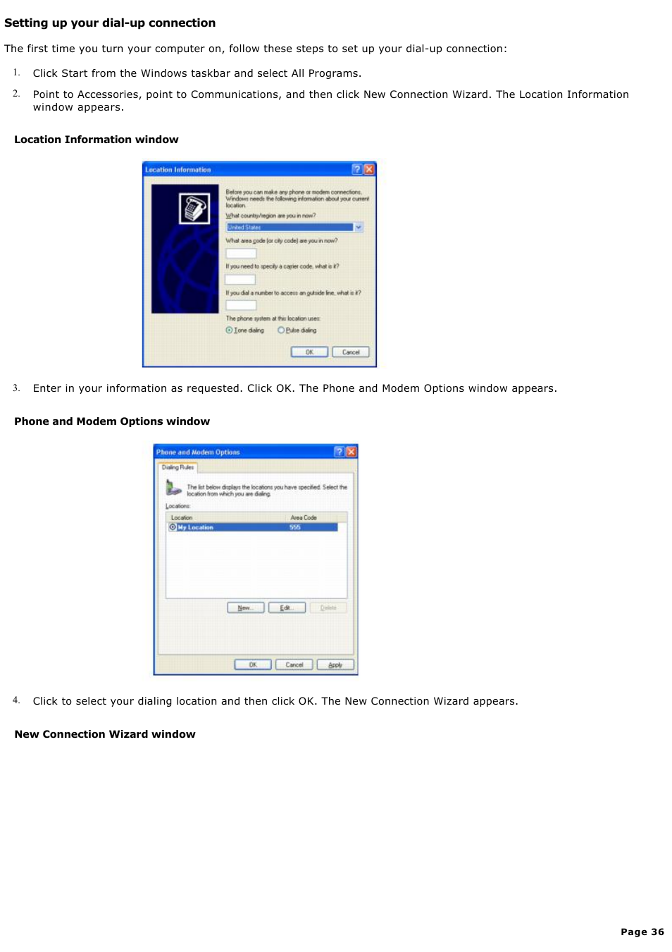 Setting up your dial-up connection | Sony PCV-RX570 User Manual | Page 36 / 115