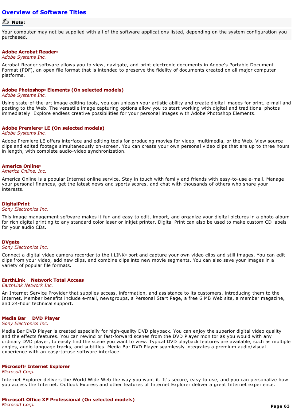 Overview of software titles | Sony PCV-RX570 User Manual | Page 63 / 115