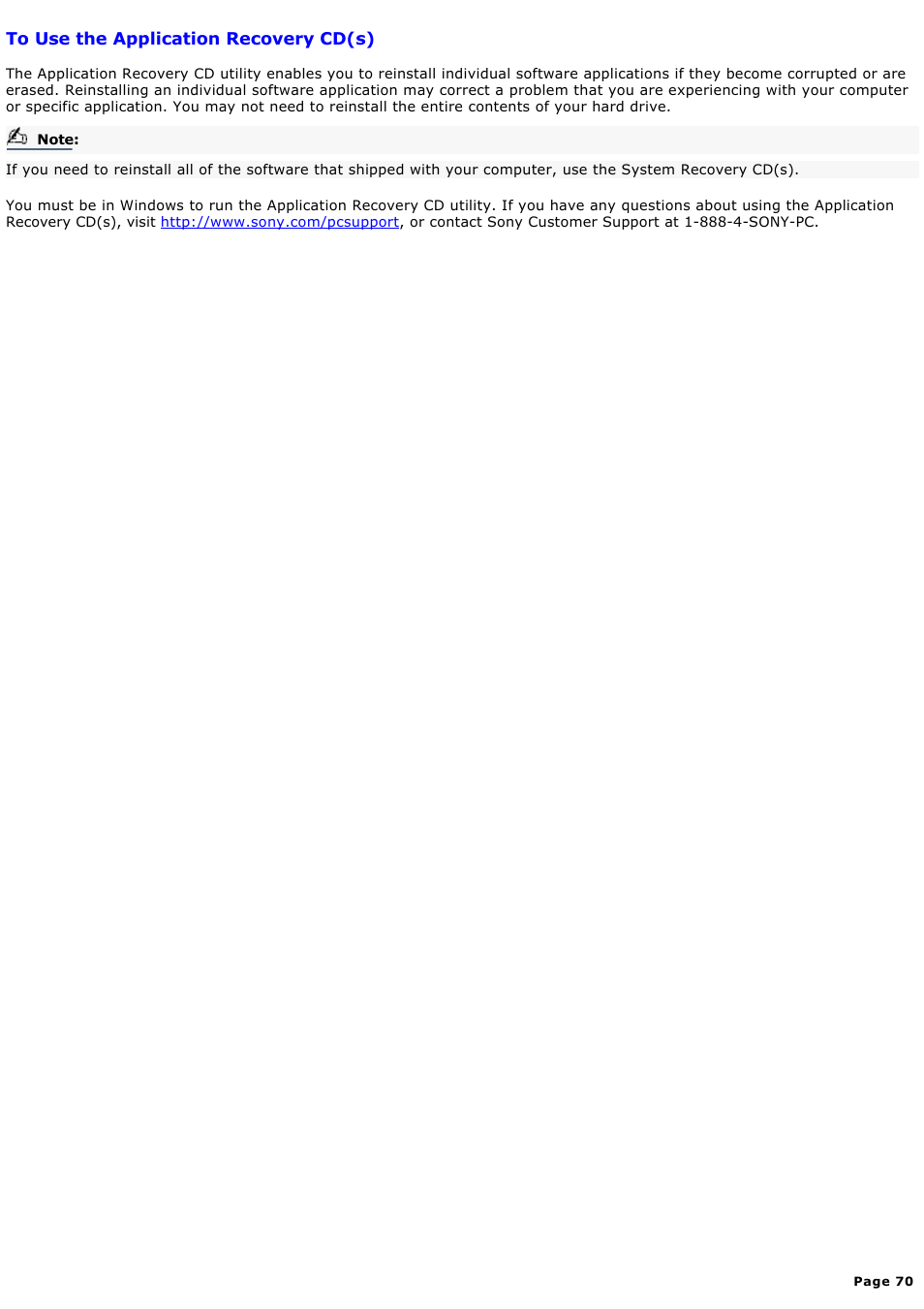 To use the application recovery cd(s) | Sony PCV-RX570 User Manual | Page 70 / 115