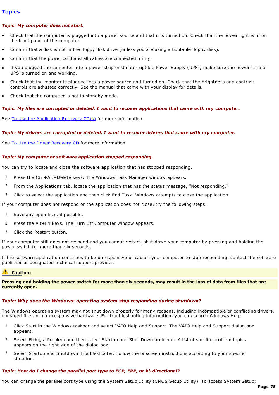 Topics | Sony PCV-RX570 User Manual | Page 75 / 115