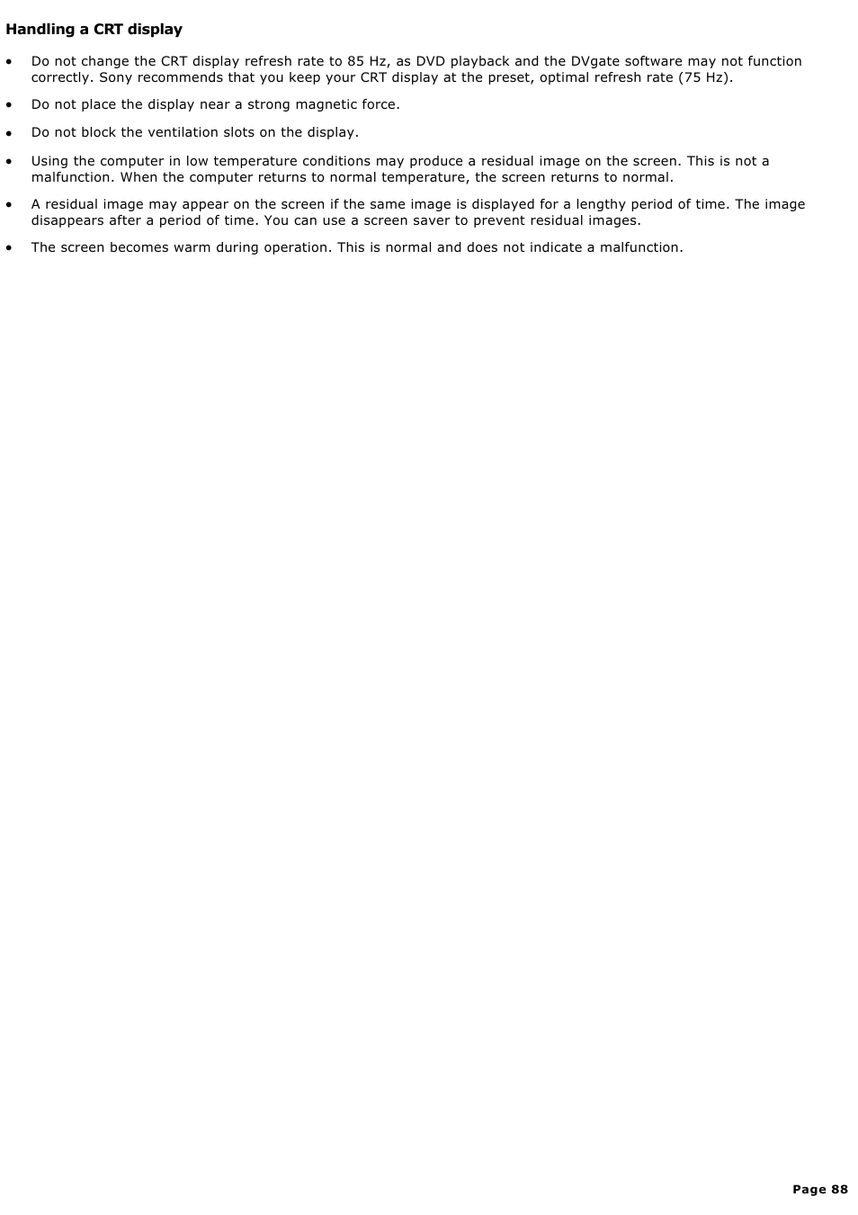 Handling a crt display | Sony PCV-RX570 User Manual | Page 88 / 115