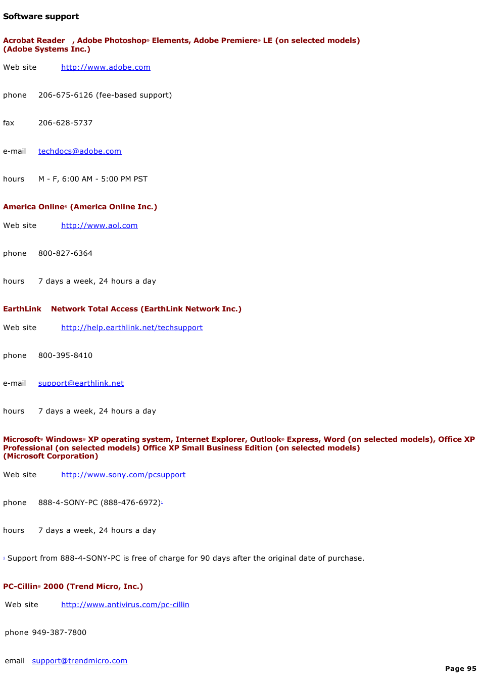 Software support | Sony PCV-RX570 User Manual | Page 95 / 115