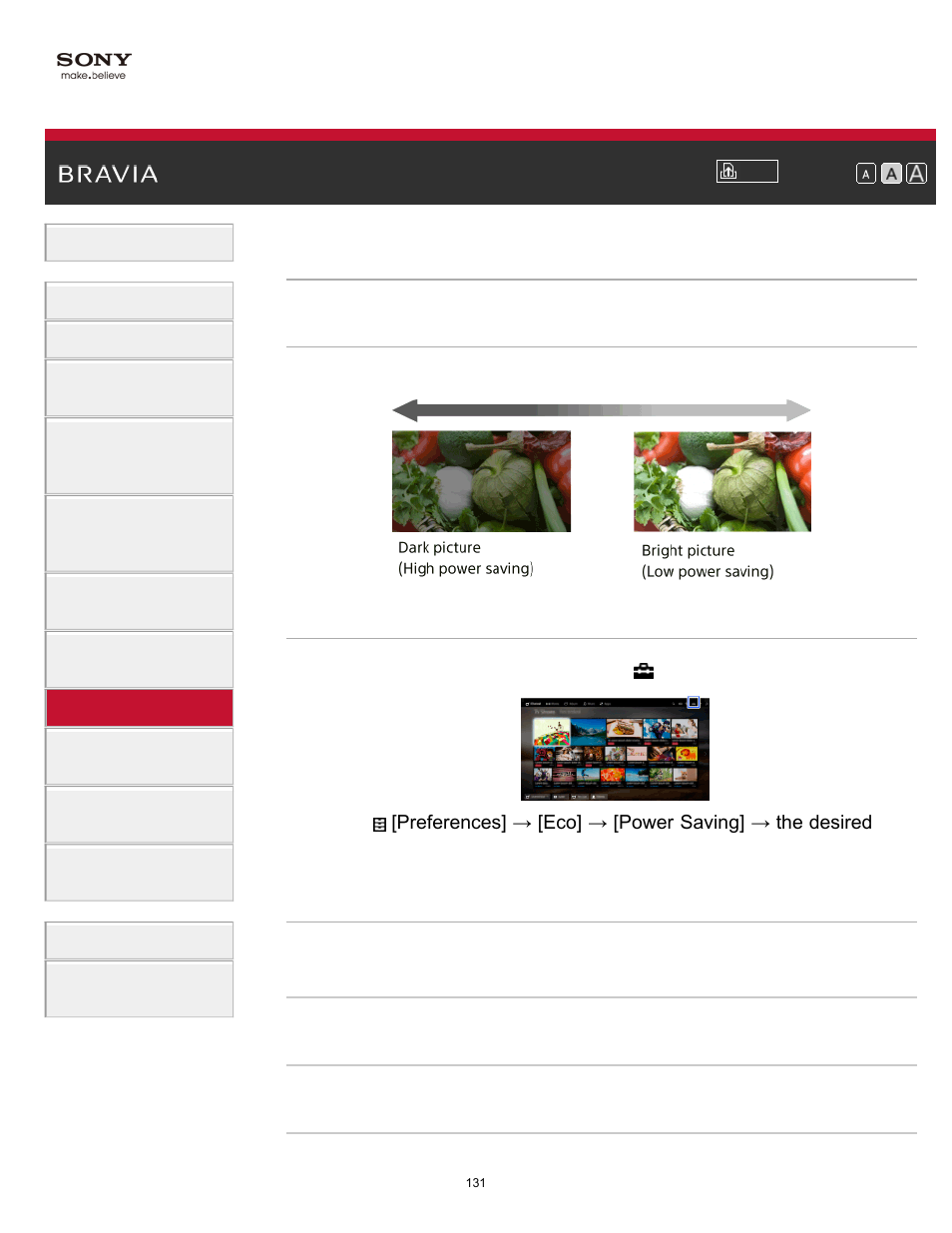 Saving power by picture brightness, Pic off | Sony KDL-70X830B User Manual | Page 137 / 256