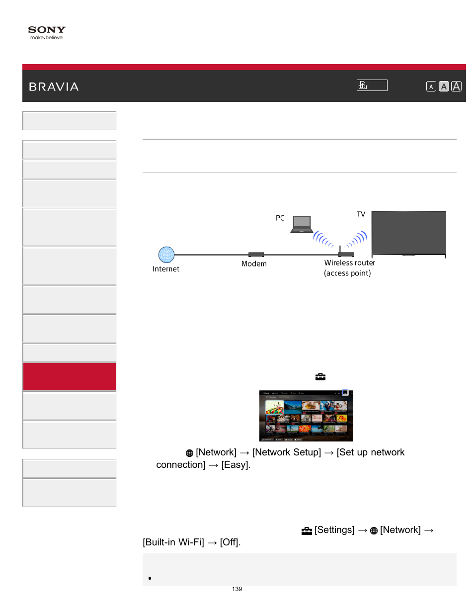 Wireless connection (built-in wireless lan) | Sony KDL-70X830B User Manual | Page 145 / 256