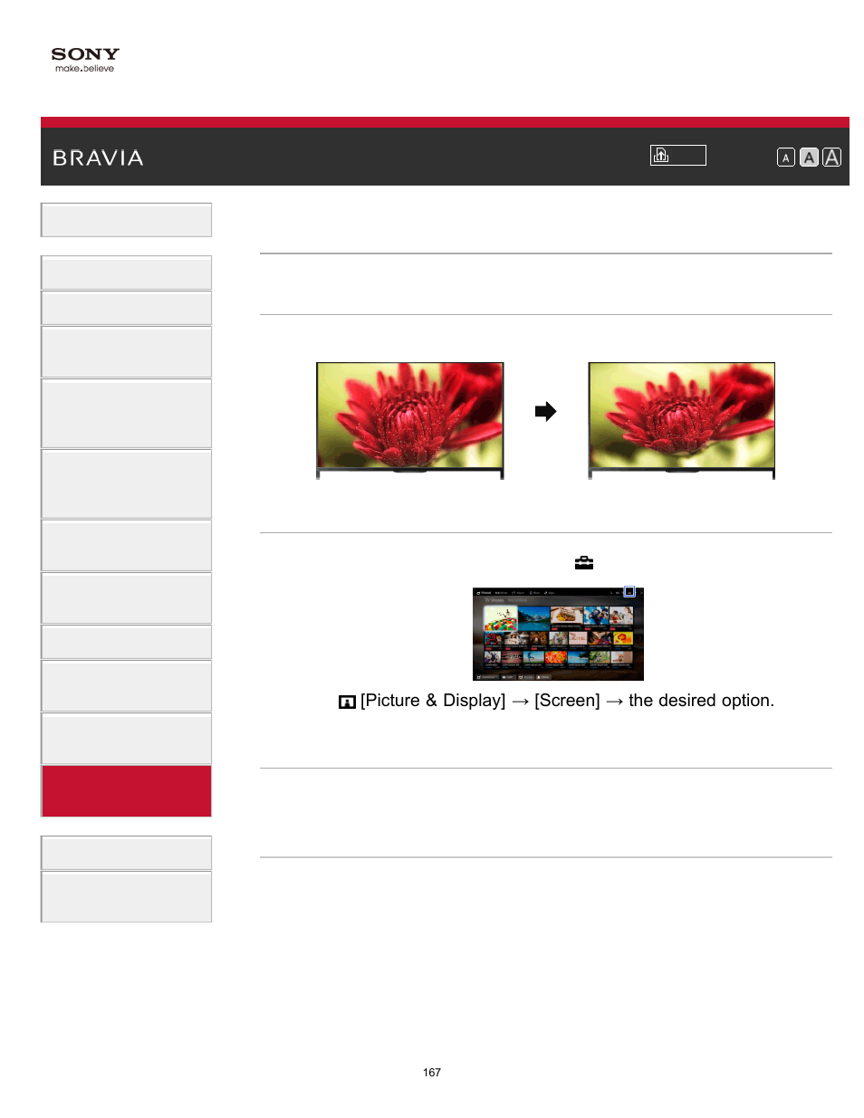 Setting the screen size/position | Sony KDL-70X830B User Manual | Page 173 / 256