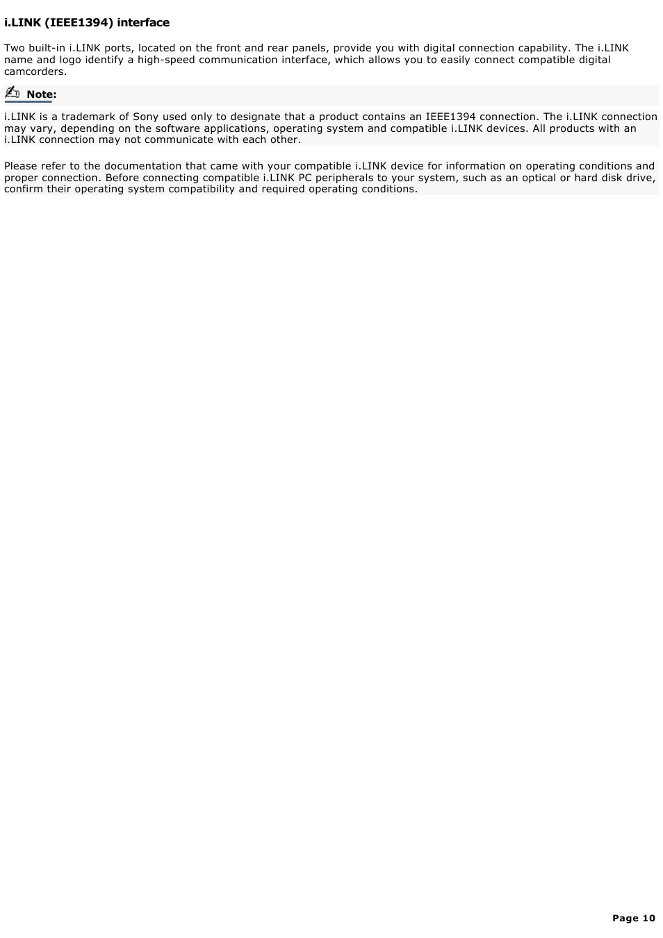 I.link (ieee1394) interface | Sony PCV-MXS10 User Manual | Page 10 / 112