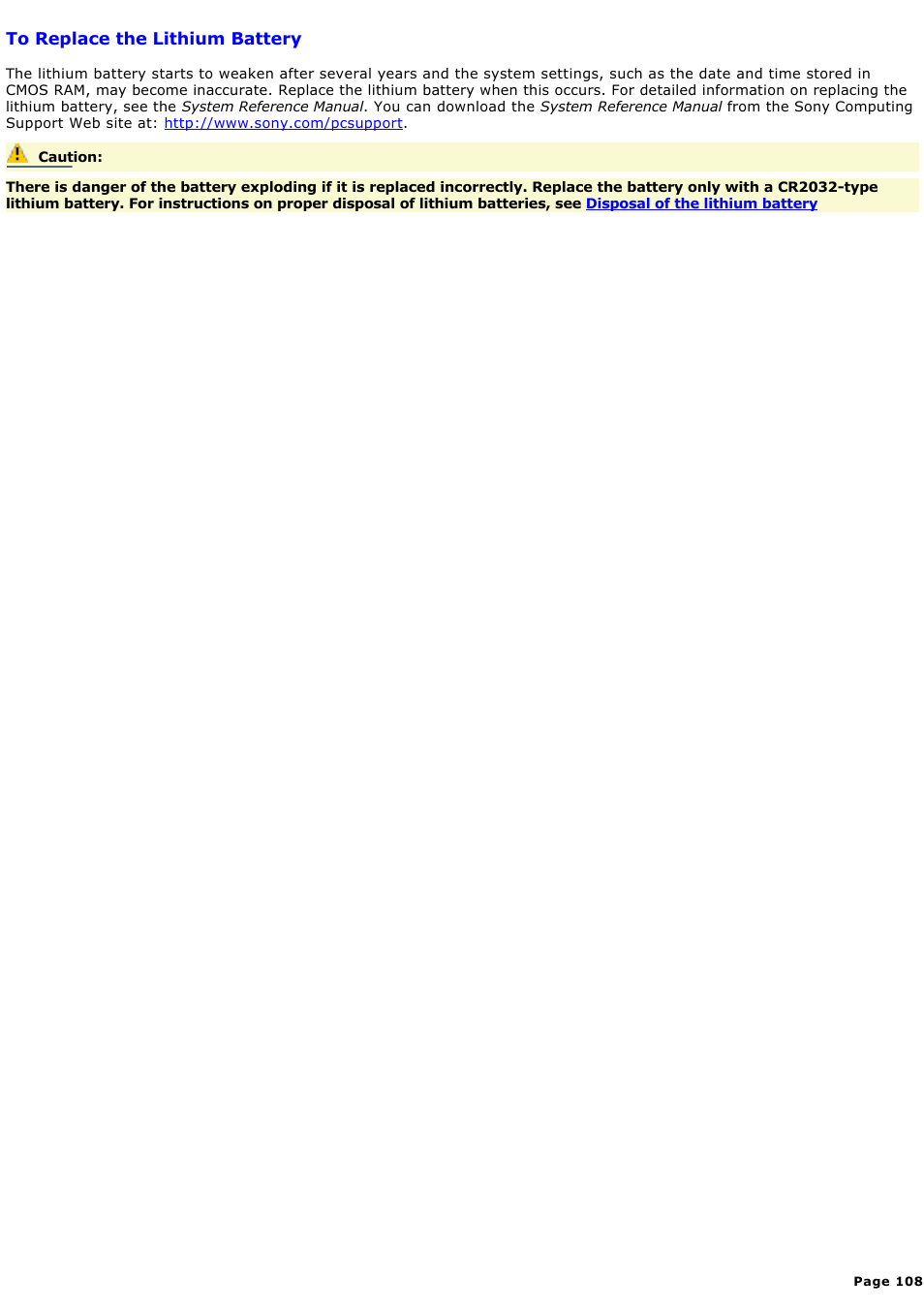 To replace the lithium battery | Sony PCV-MXS10 User Manual | Page 108 / 112