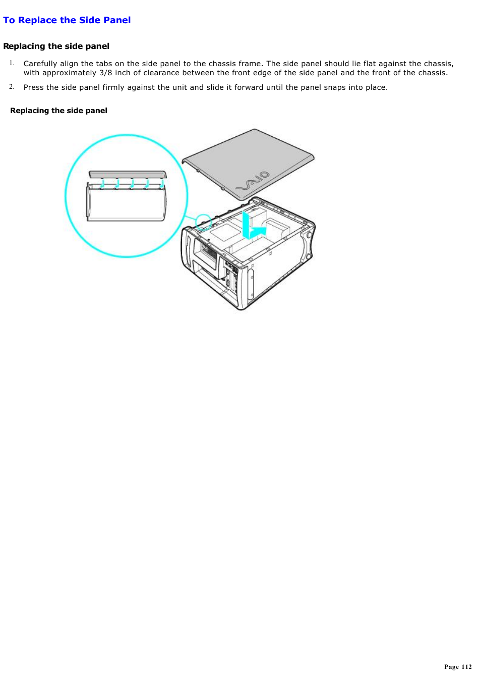 To replace the side panel | Sony PCV-MXS10 User Manual | Page 112 / 112