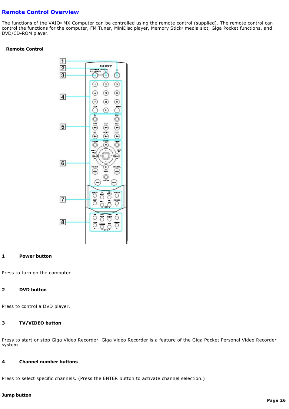 Remote control overview | Sony PCV-MXS10 User Manual | Page 26 / 112