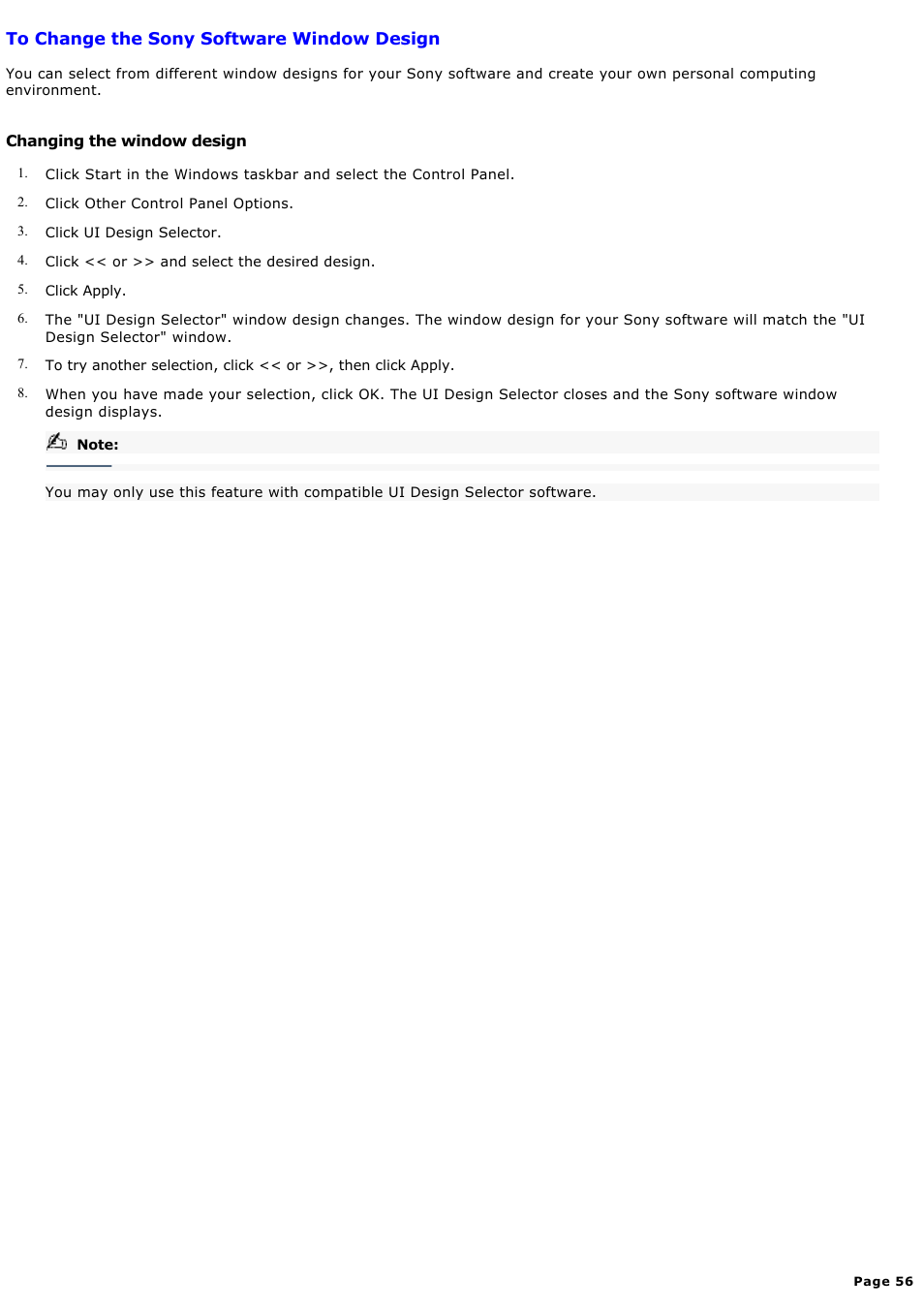 To change the sony software window design | Sony PCV-MXS10 User Manual | Page 56 / 112