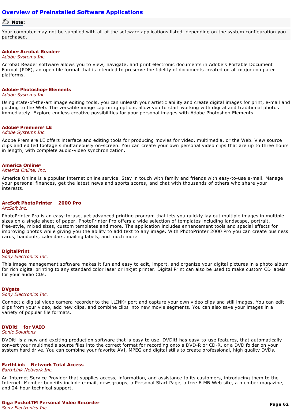 Overview of preinstalled software applications | Sony PCV-MXS10 User Manual | Page 62 / 112