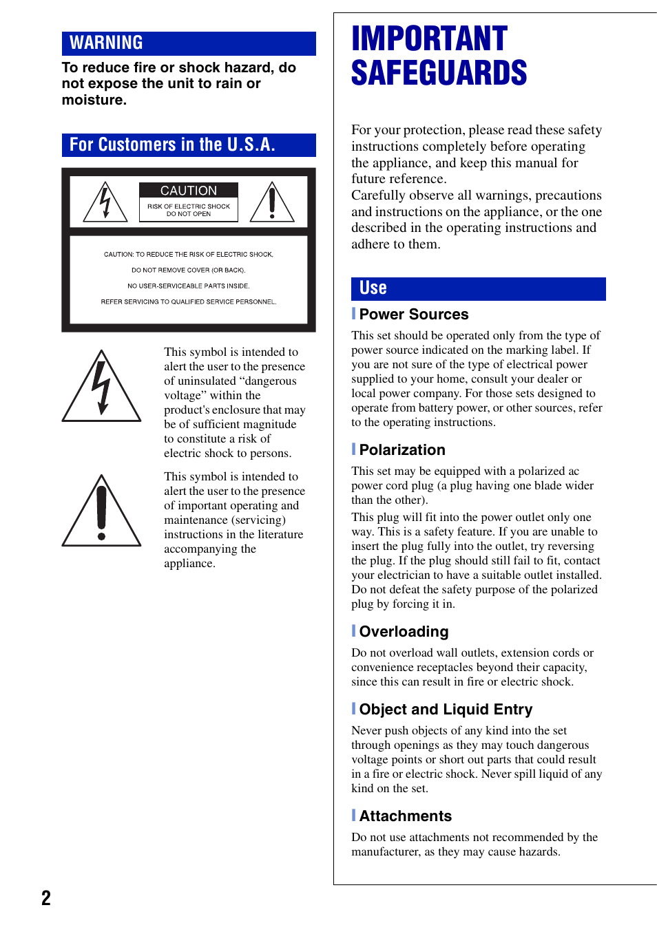 Important safeguards, Warning for customers in the u.s.a | Sony DSC-N2 User Manual | Page 2 / 32