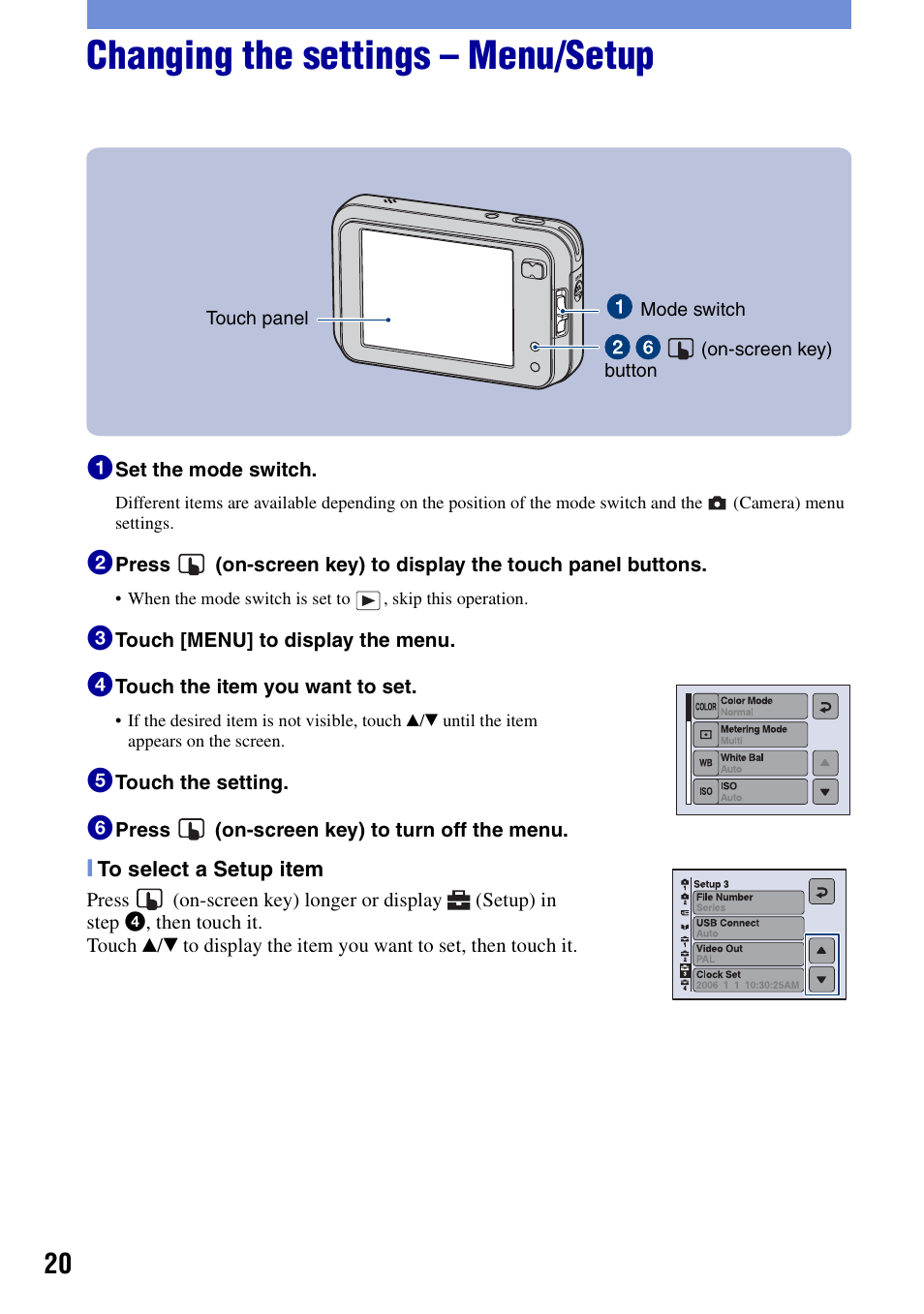 Changing the settings - menu/setup, Changing the settings – menu/setup | Sony DSC-N2 User Manual | Page 20 / 32