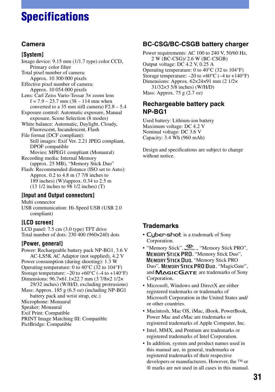 Specifications | Sony DSC-N2 User Manual | Page 31 / 32