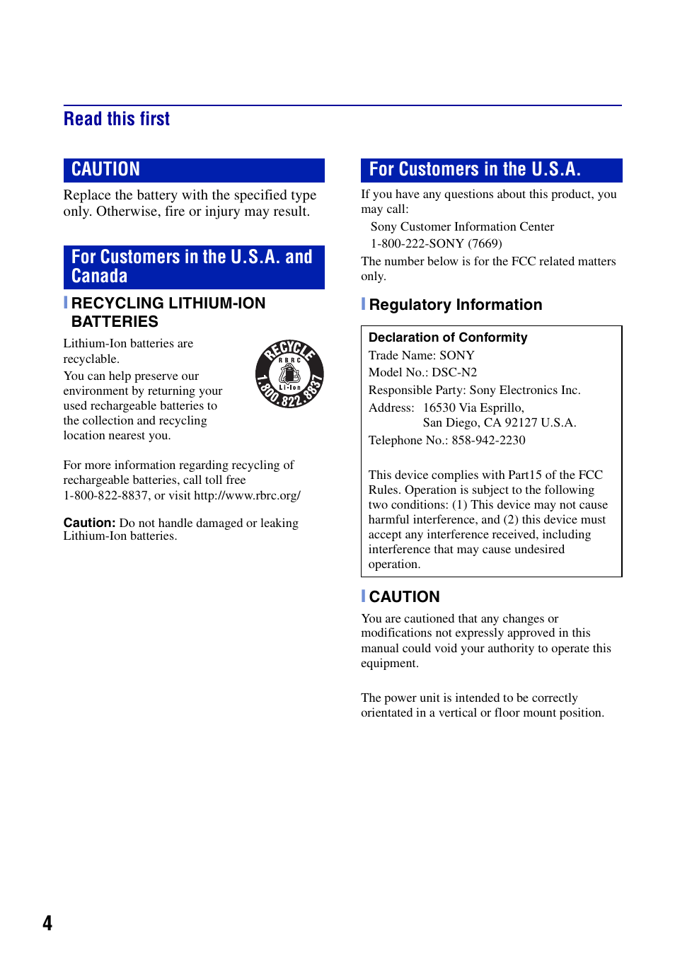 Read this first | Sony DSC-N2 User Manual | Page 4 / 32