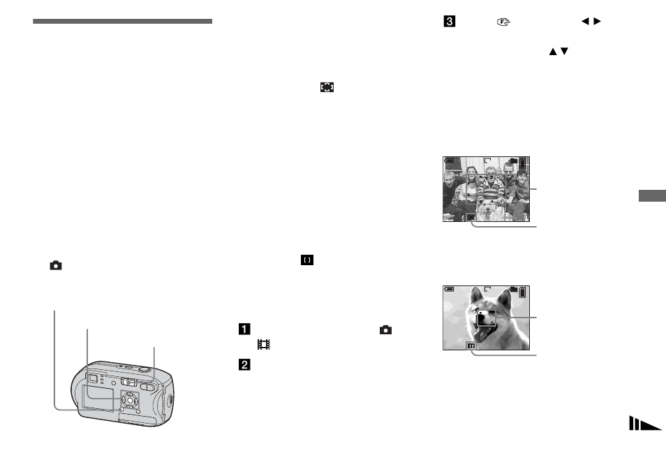 Advanced still image shooting, Choosing an auto focus method, Choosing a focus range finder frame | Af range finder, Es 49 a, Af range finder frame, Af mode, Before operation, Center af ( ) | Sony DSC-P41 User Manual | Page 49 / 124