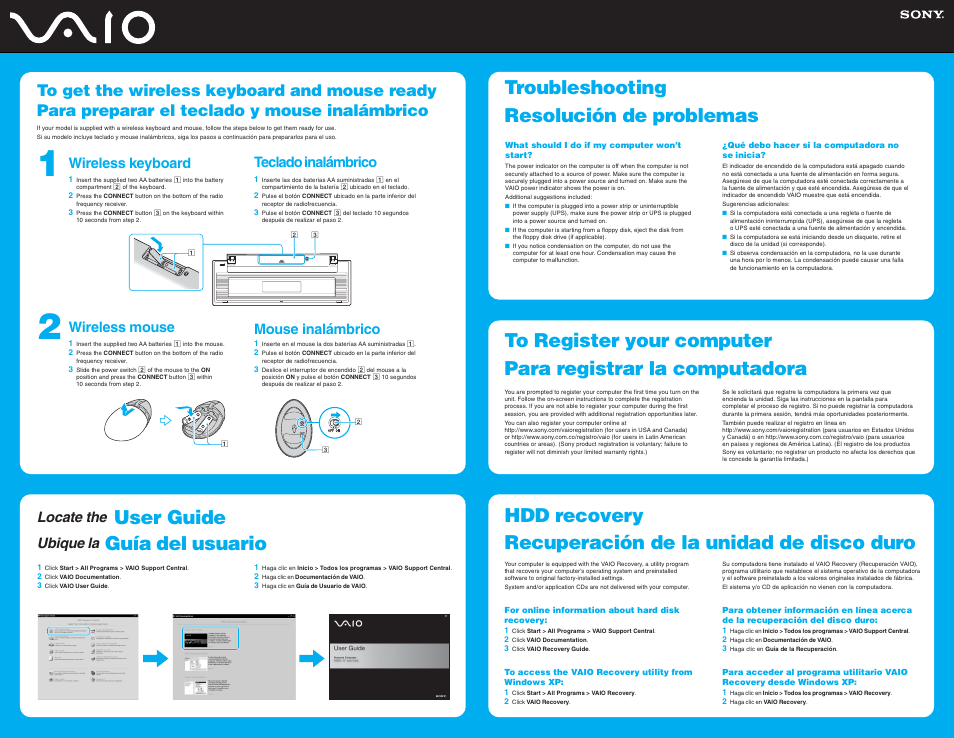 User guide, Guía del usuario, Locate the | Ubique la, Wireless keyboard, Wireless mouse, Teclado inalámbrico, Mouse inalámbrico | Sony VGC-RC110G User Manual | Page 2 / 2