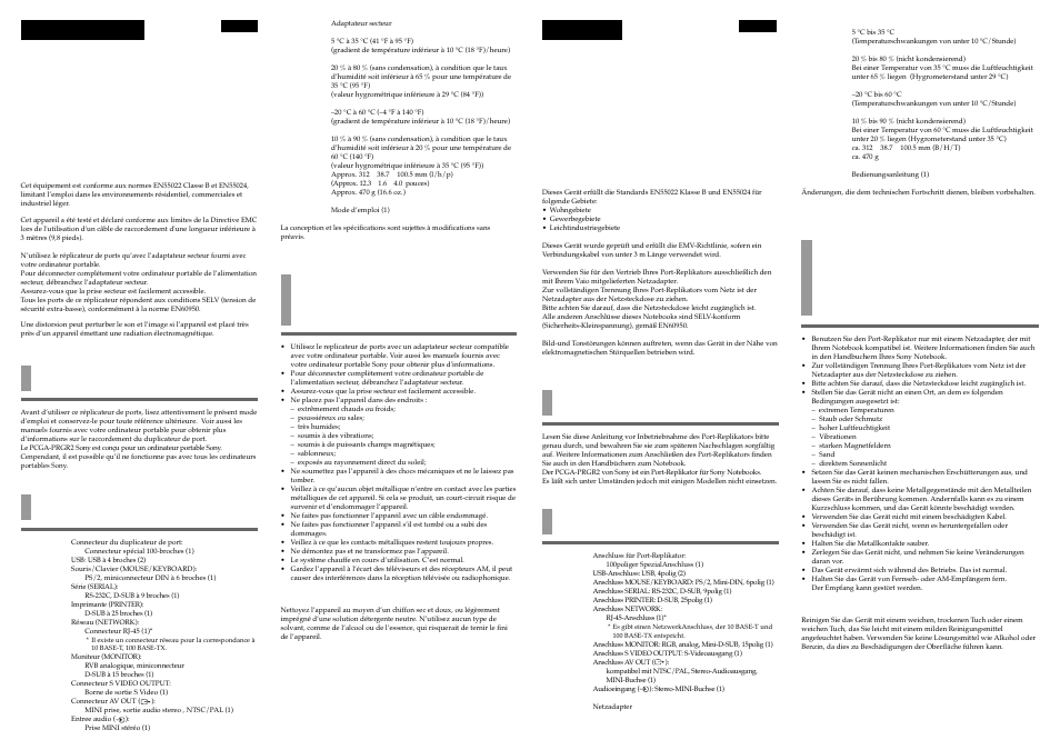 Vorber eitung, Technische daten, Avant utilisation | Spécifications, Remarques sur l’utilisation, Hinweise zur verwendung des geräts, Achtung, Avertissement | Sony PCGA-PRGR2 User Manual | Page 2 / 2