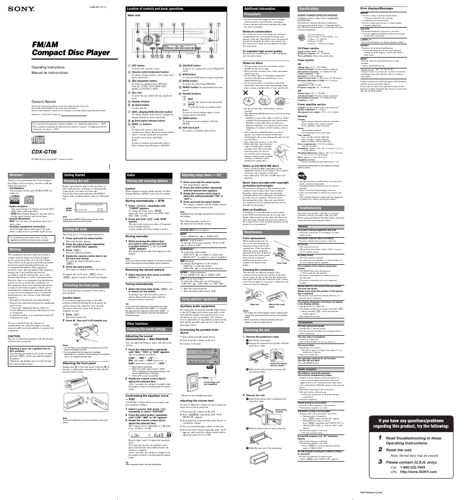 Sony CDX-GT06 User Manual | 2 pages