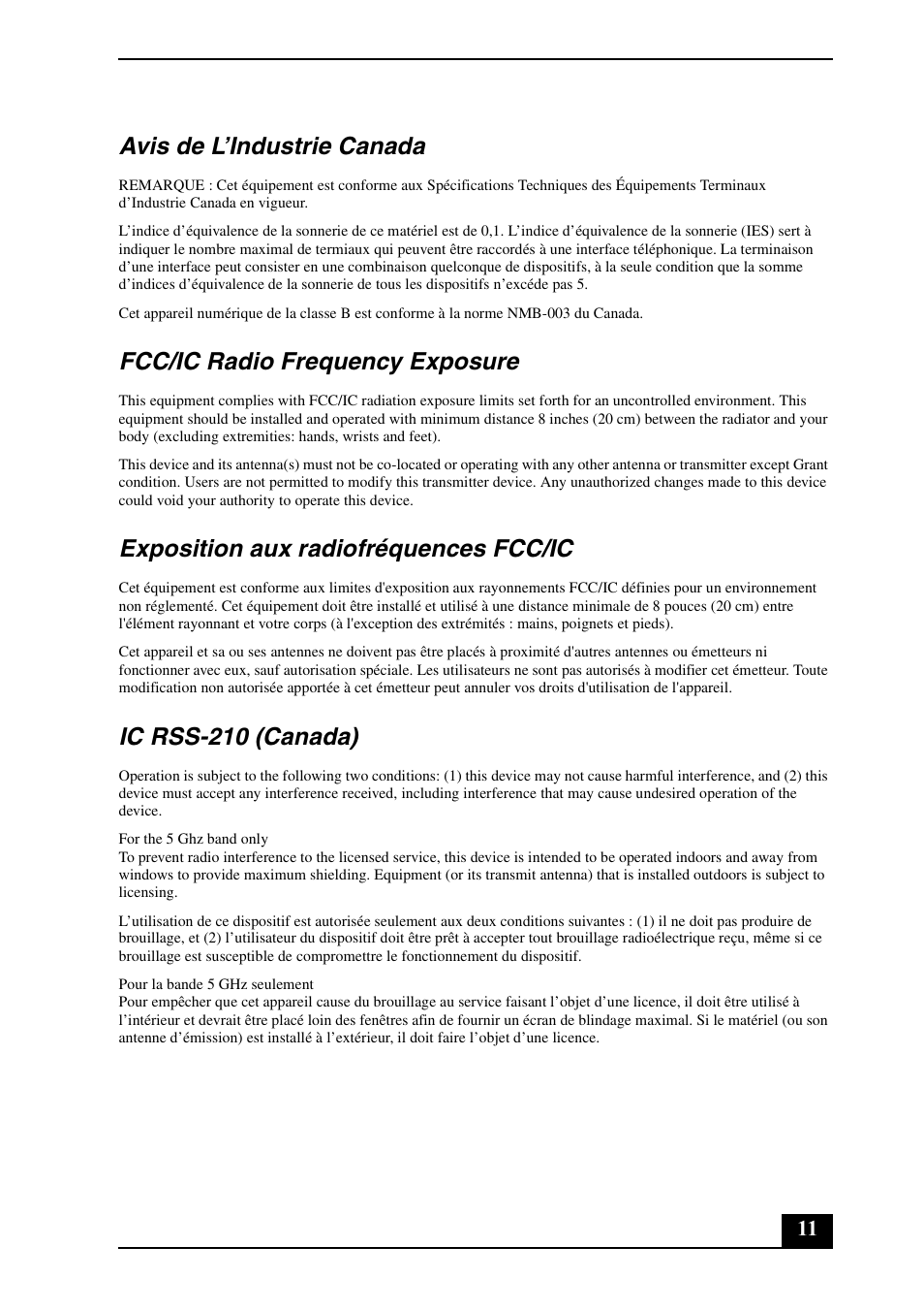 Avis de l’industrie canada, Fcc/ic radio frequency exposure, Exposition aux radiofréquences fcc/ic | Ic rss-210 (canada) | Sony VGN-NS230E User Manual | Page 11 / 24