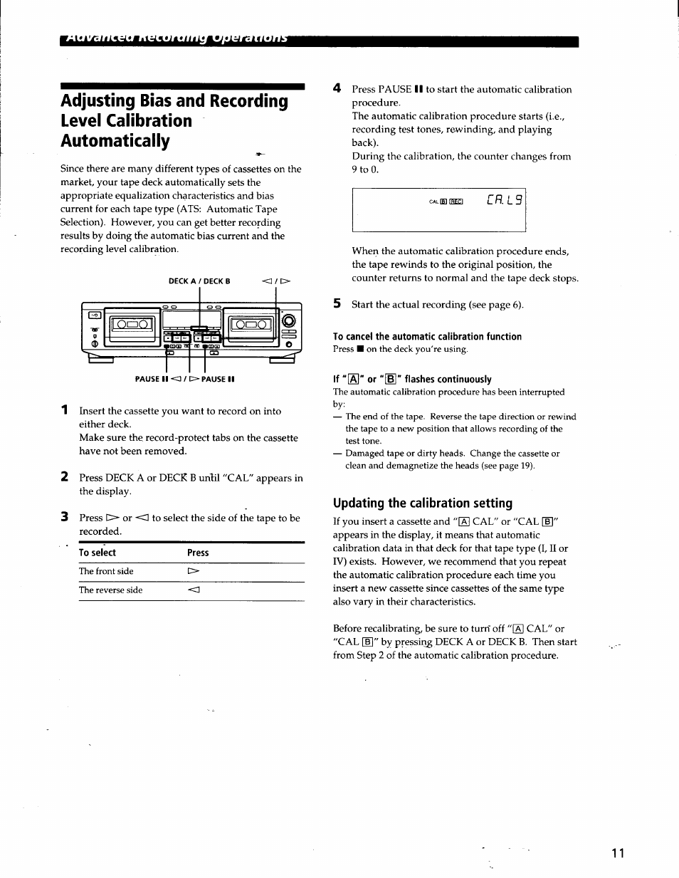 To cancel the automatic calibration function, If "[a]" or "[b]" flashes continuously, Updating the calibration setting | Sony TC-WE825S User Manual | Page 11 / 23