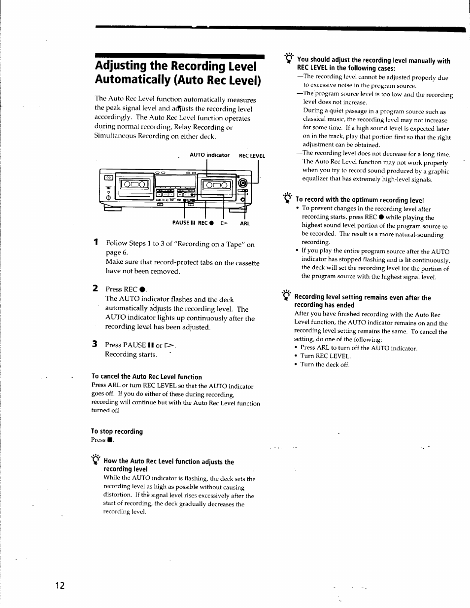 To cancel the auto ree level function, To stop recording, To record with the optimum recording level | Sony TC-WE825S User Manual | Page 12 / 23