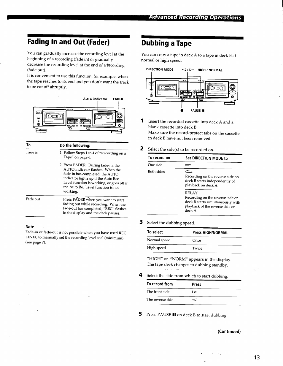 Fading in and out (fader), Dubbing a tape, Continued) | Muarhìl'i, Ecoràmg operations | Sony TC-WE825S User Manual | Page 13 / 23