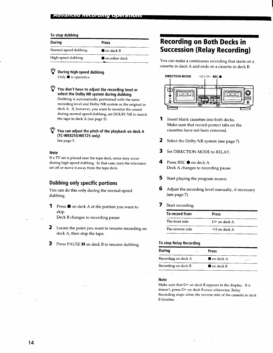 Dubbing only specific portions | Sony TC-WE825S User Manual | Page 14 / 23