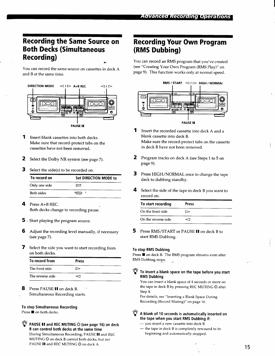 To stop simultaneous recording, Recording your own program (rms dubbing), To stop rms dubbing | Ecoramg operations | Sony TC-WE825S User Manual | Page 15 / 23