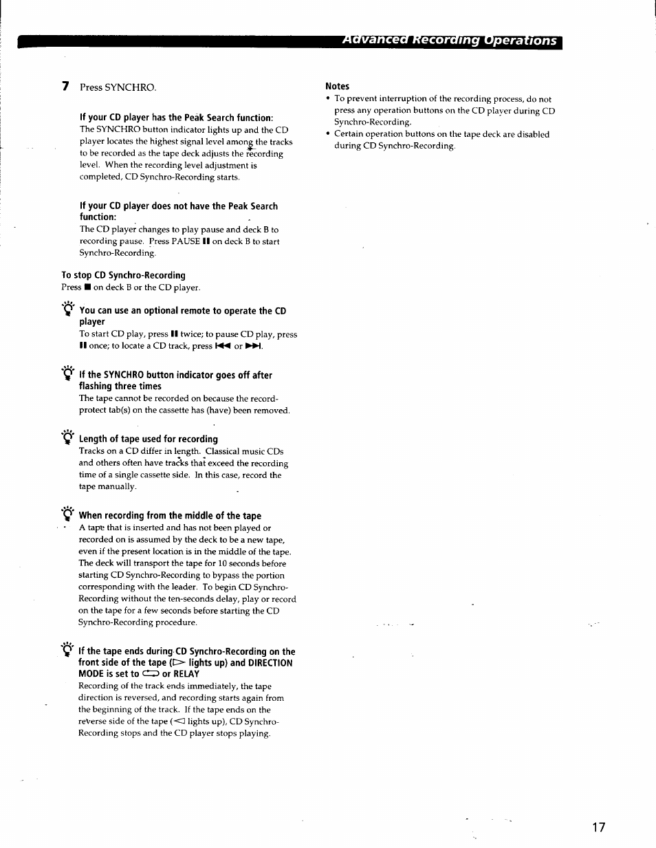 Vanceahecoramg operations | Sony TC-WE825S User Manual | Page 17 / 23