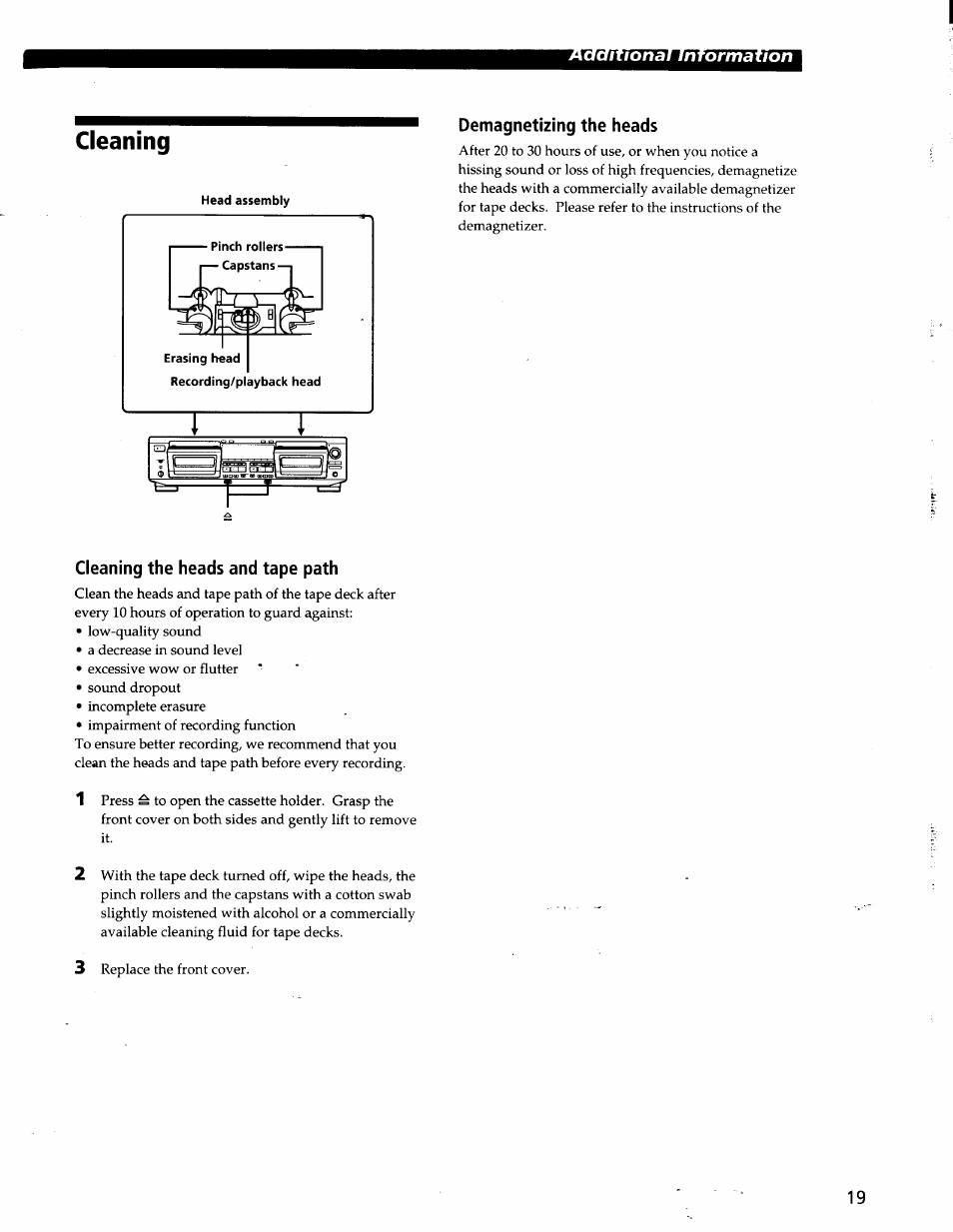 Demagnetizing the heads, Cleaning the heads and tape path, Cleaning | Sony TC-WE825S User Manual | Page 19 / 23